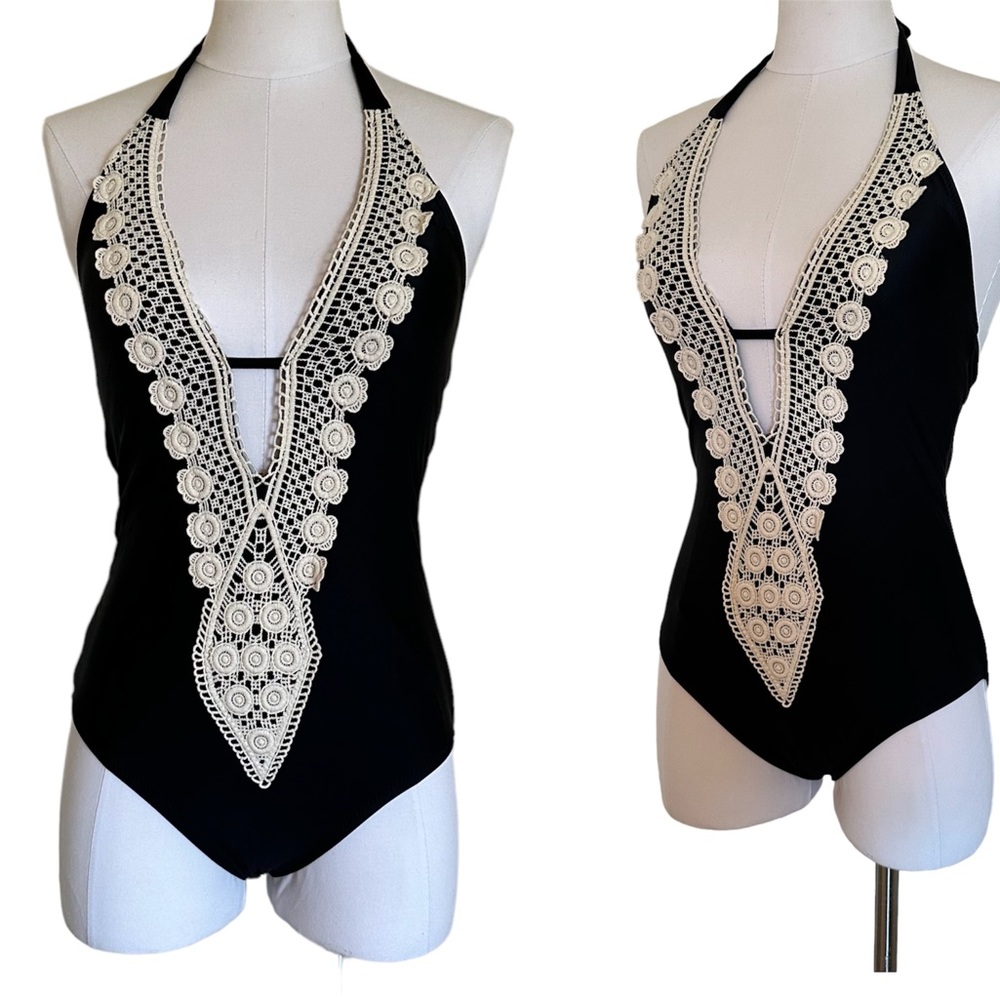 Kona Sol Black Cream Boho Crochet Plunge Neck Low Back One piece swimsuit